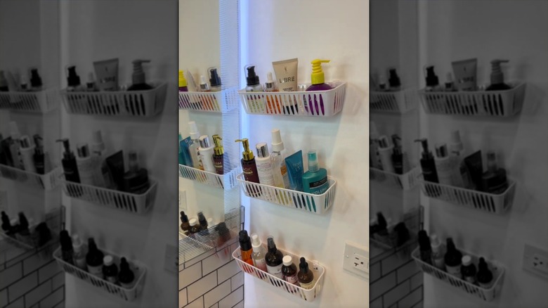 Drawer organizers used as shelves in a bathroom and filled with beauty products.