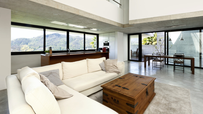 Steamer trunk as a coffee table in modern living room