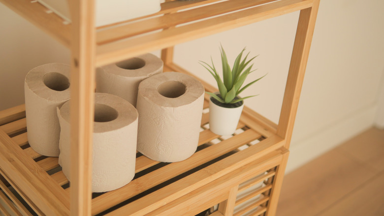 Shelf with rolls of toilet paper on it