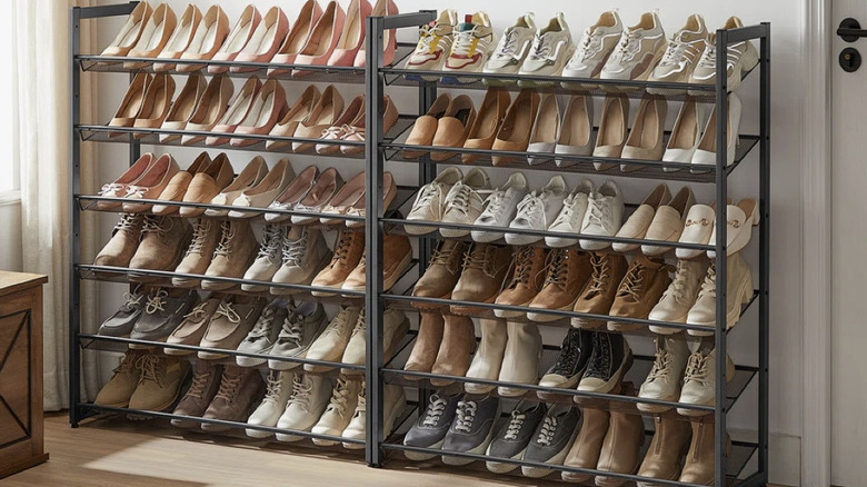 Abbi Stackable Shoe Racks side by side and filled with pairs of shoes