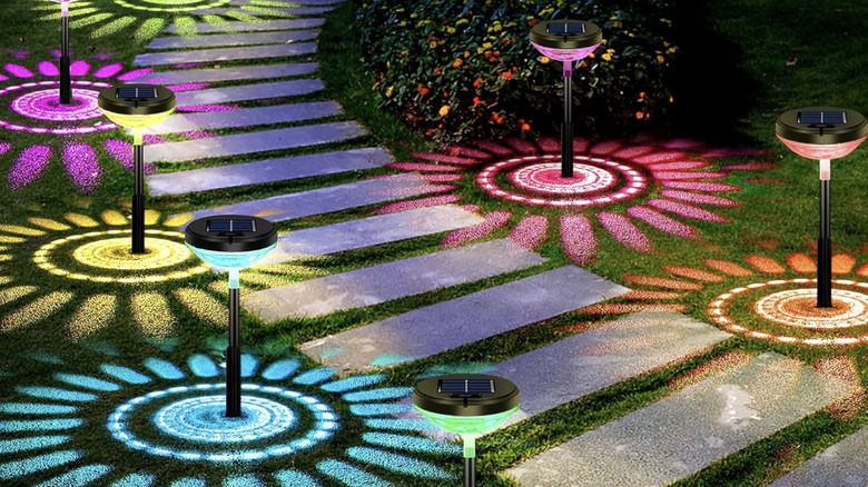 Multi-colored lights on pathway at night
