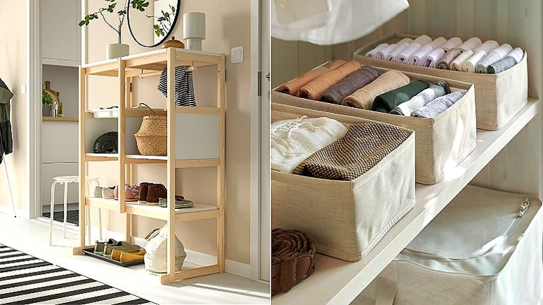 Split image of IKEA FLISAT Open storage placed against a wall between a front door and kitchen, and the PURRPINGLA with folded items