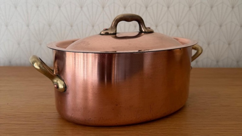 vintage Gaillard copper stock pot on a table