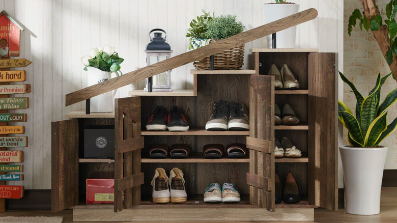 A brown shoe cabinet.