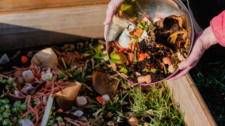 Person putting vegetables, fruits, eggshell, coffee grounds into compost bin