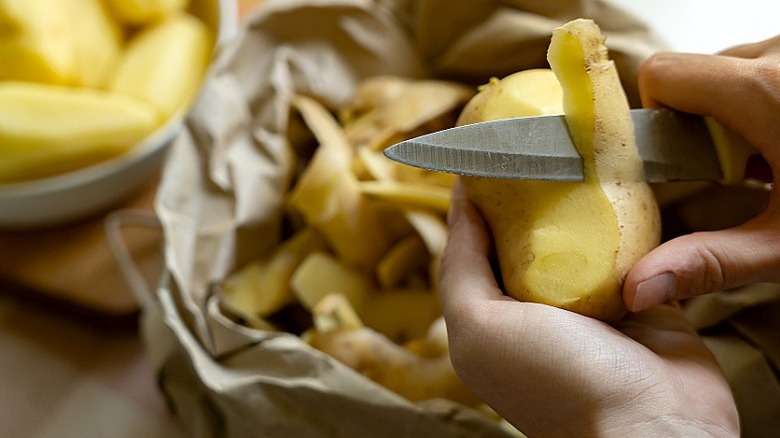 Close-up of a person's hands peeling potatoes and collecting scraps in a paper bag with a bowl of peeled potatoes in a bowl blurred in the background