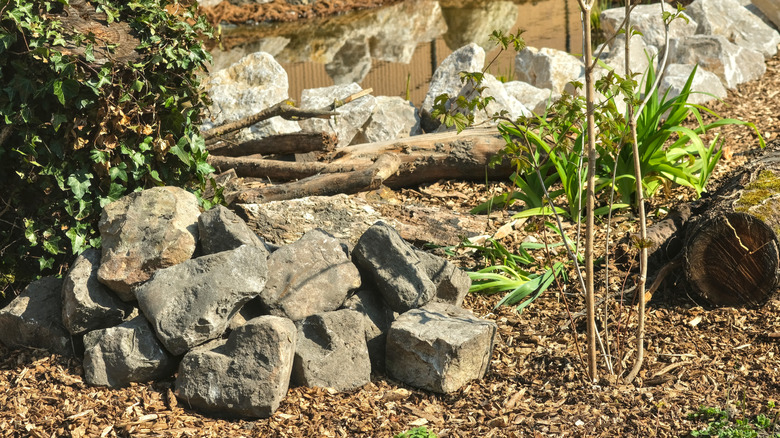 A decorative rock pile beside a shrub in a garden bed.