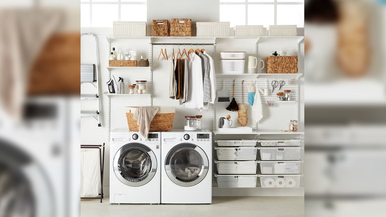 Elfa shelving around washer-dryer unit in laundry room