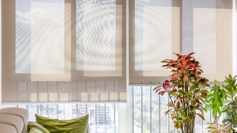 Closeup of beige shades covering windows