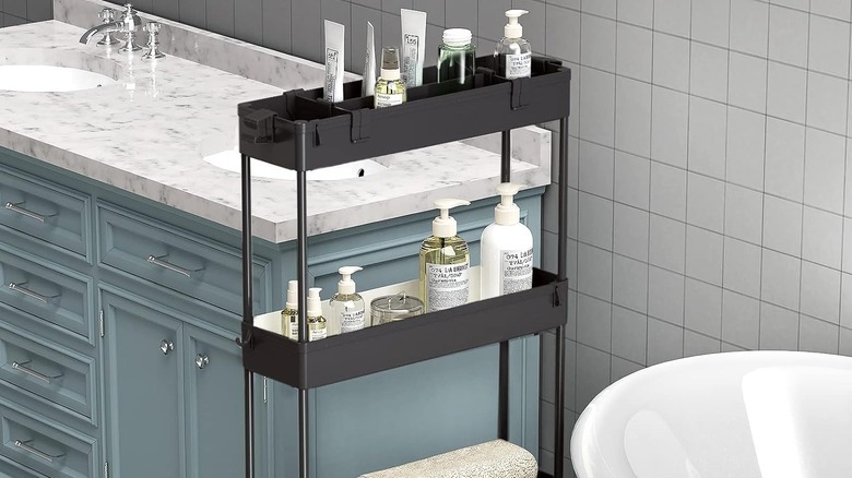 black rolling bathroom organizer unit
