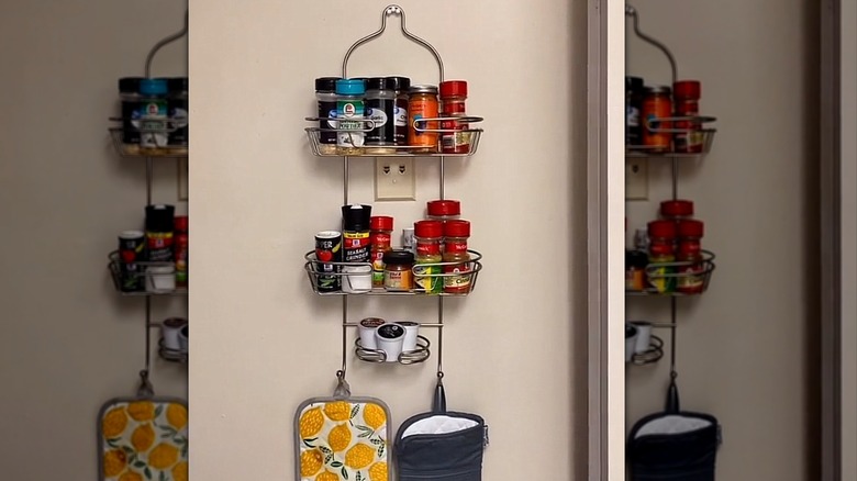 a shower caddy turned into a spice rack hanging on a wall