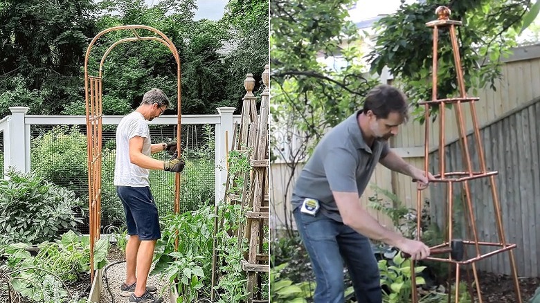Split image showing the installation of the arched trellis on the left and the installation of the four-sided trellis on the right