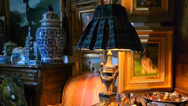 A plaid school skirt covering a lampshade