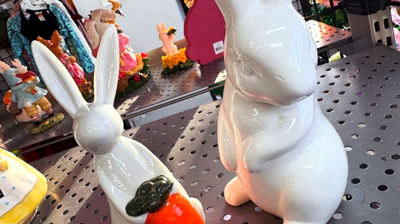 Bunny figurines on a shelf at a Texas Thrift