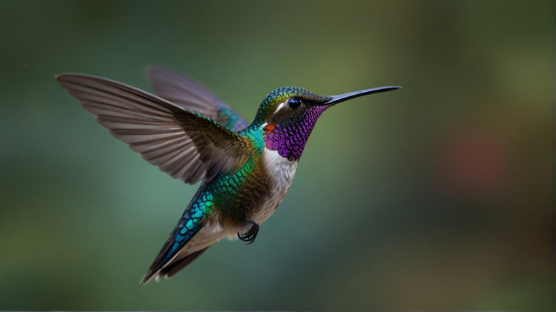 A hummingbird with a purple throat and emerald back in mid-flight