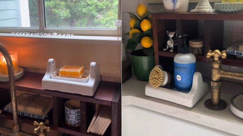 Ceramic toilet paper holder as kitchen sponge tray and soap tray
