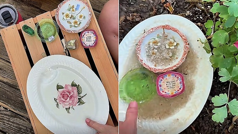 Split image showing the thrifted dishes on the left and the creator placing the completed bee bath in the garden