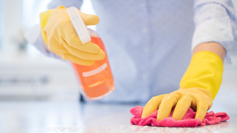 Woman using a spray bottle to clean a kitchen countertop.