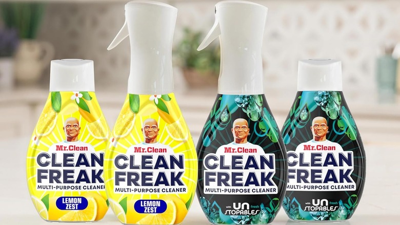 Bottles of Mr. Clean Clean Freak on a counter.