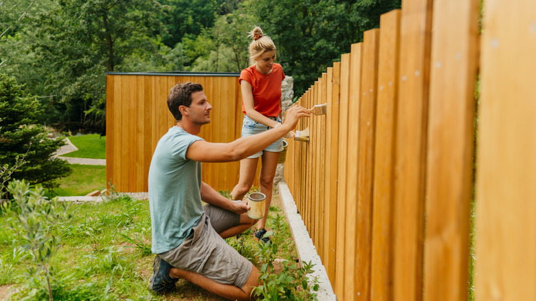 A couple staining a wooden fence