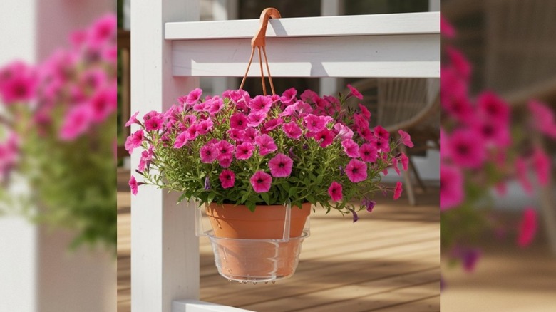 Pink flowers hanging from Curtis Wagner Plastics Hanging Basket Drip Pan