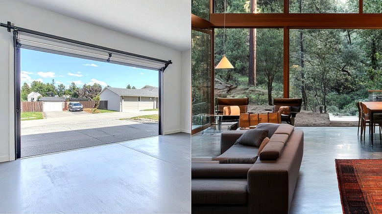Split image of a smooth concrete garage floor and a concrete floor inside a modern home