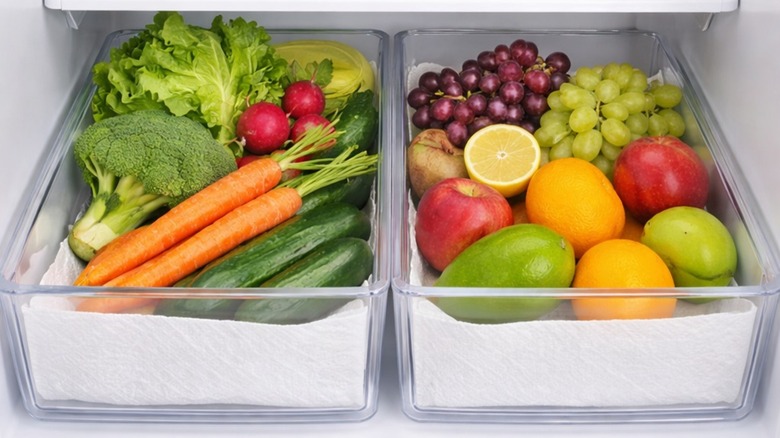Fridge basket lined with paper towel