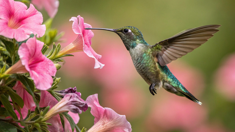 A hummingbird drinking from a pink flower