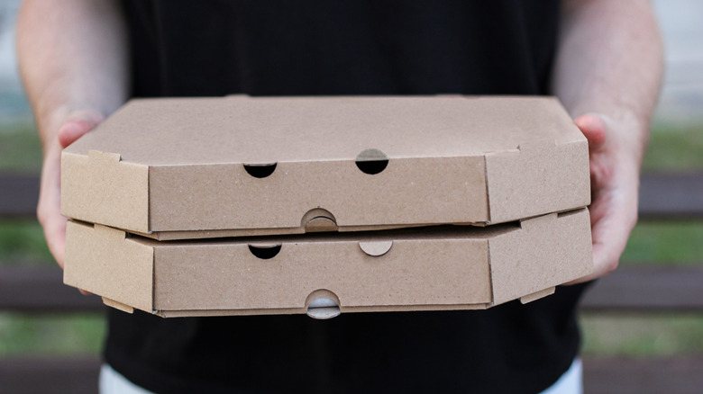 A person holding two plain pizza boxes