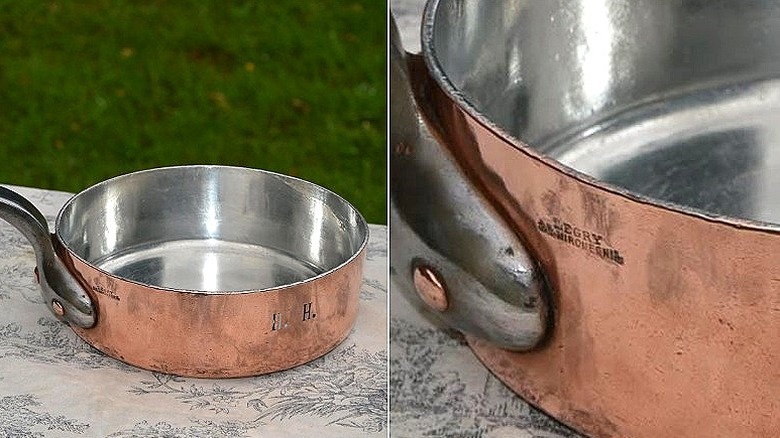 Split image of a large Legry saucepan on a floral print cover in front of grass, and a close-up of a Legry maker's mark