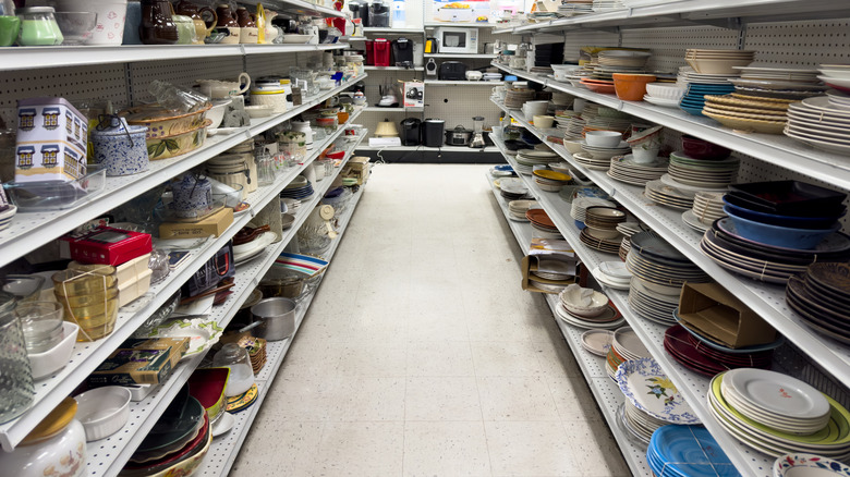 thrift store dishware and home goods aisle