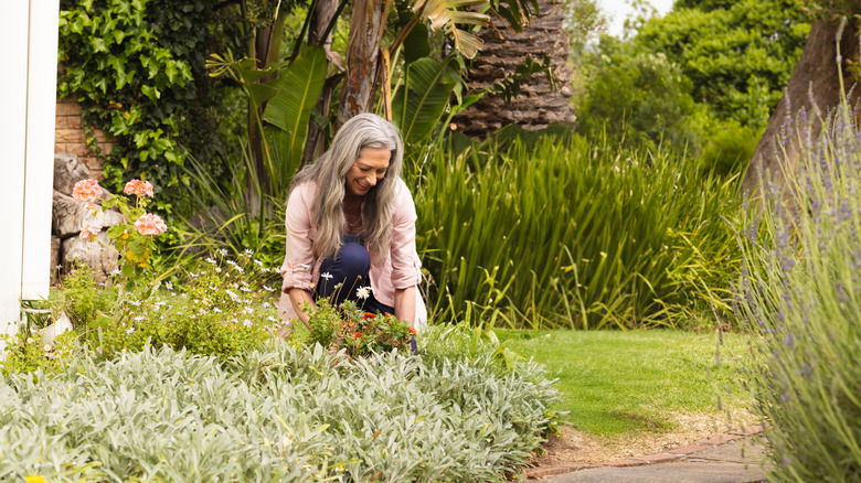 A woman tends a flower bed in her backyard.