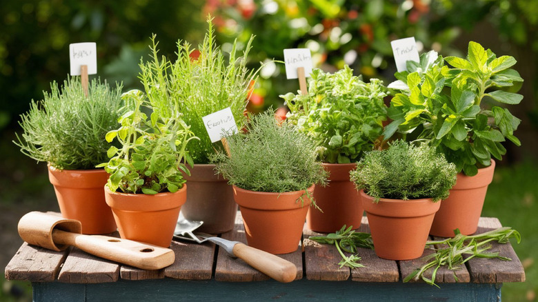 Herbs in terracotta pots sit on top of a wooden bench.