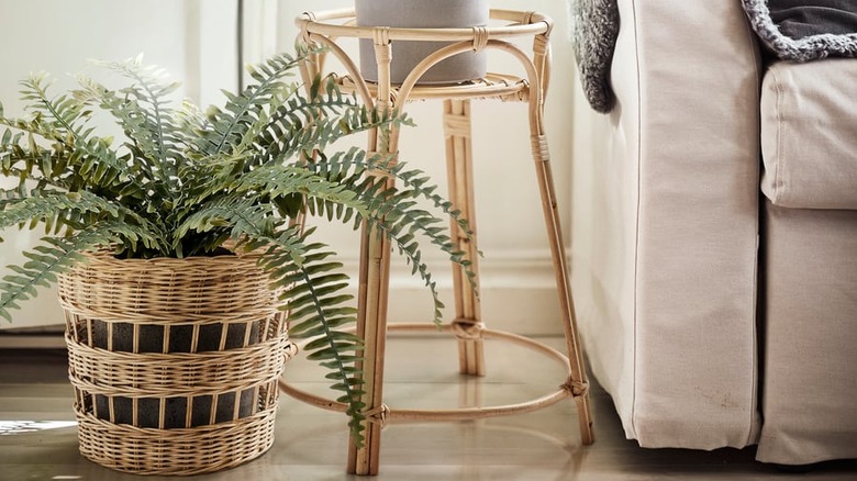IKEA TOLKNING rattan plant stand, with the base separate from the basket and each holding plants