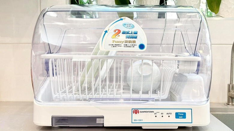 Countertop dish drying machine with plates and bowls inside