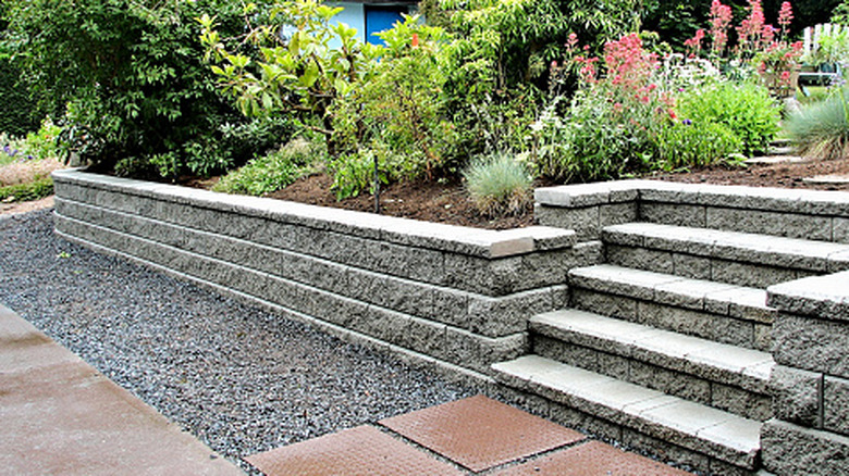 A retaining wall and steps in garden