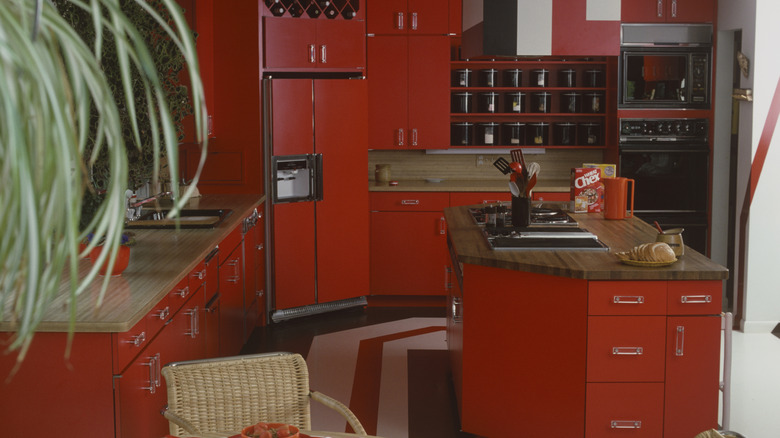 An all-red showroom kitchen from 1978.