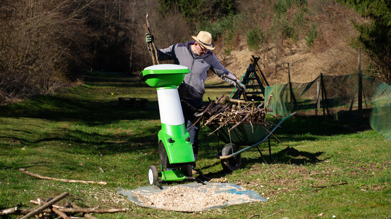 A gardener in their yard uses a new wood shredder to chip tree trimmings they're taking from a wheel barrow.