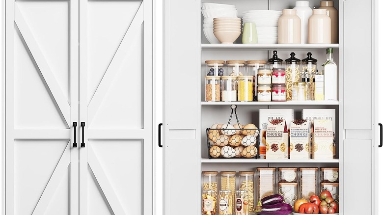Two of the Metal Pantry Storage Cabinets side by side, one with food in it