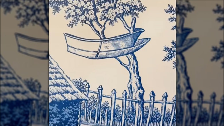 A flaw in AI-generated wallpaper shows a boat in a tree.