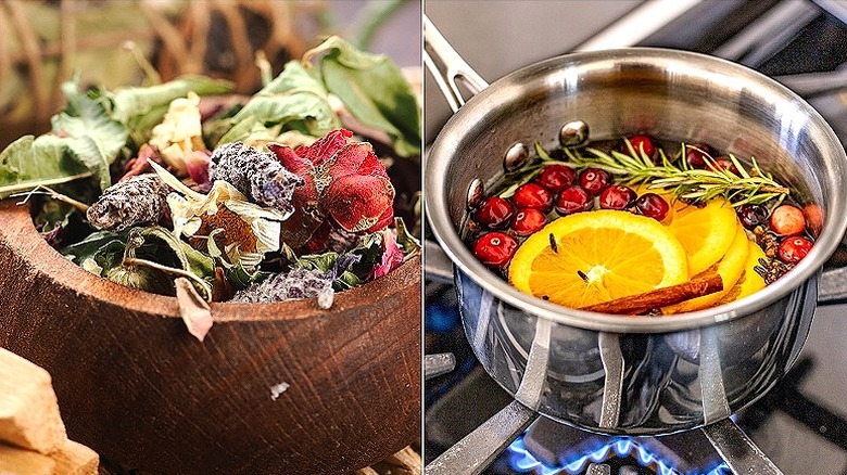 Split image of a bowl of natural potpourri and a cooking simmer pot of orange slices, berries, cinnamon, and a sprig
