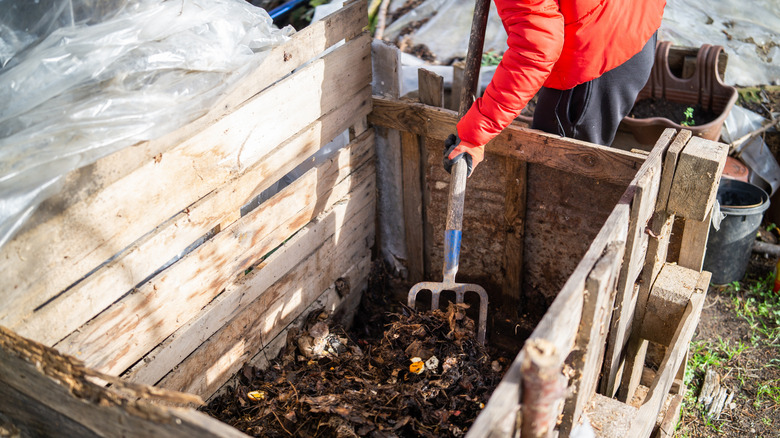 Gardener turning a compost heap