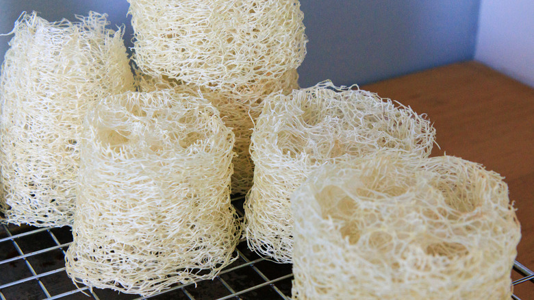 Pieces of loofah sitting on a drying rack