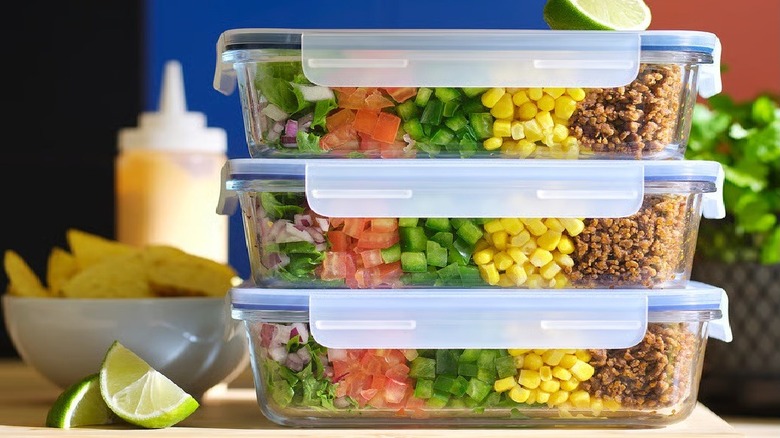Food stored in stacked glass containers