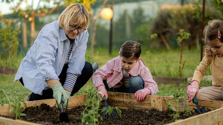 An older woman and two children tending to a raised bed garden