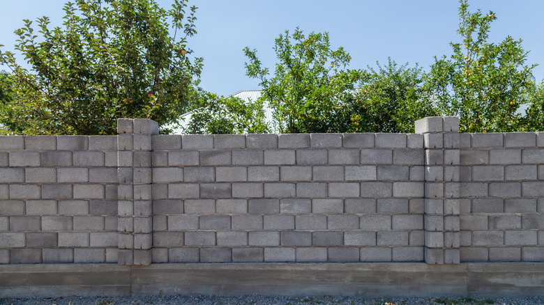 A cinder block fence with trees behind it