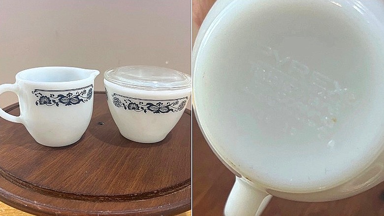 Split image of a  Pyrex cream and sugar set with original lid in Old Town Blue pattern, and the maker's mark on the bottom of the mini-creamer