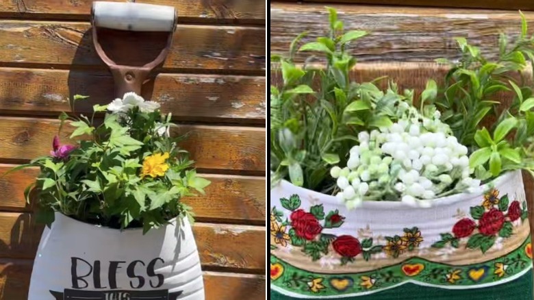 Split image with the rustic planter with the old handle on the left and a different one with flowers painted on it on the right