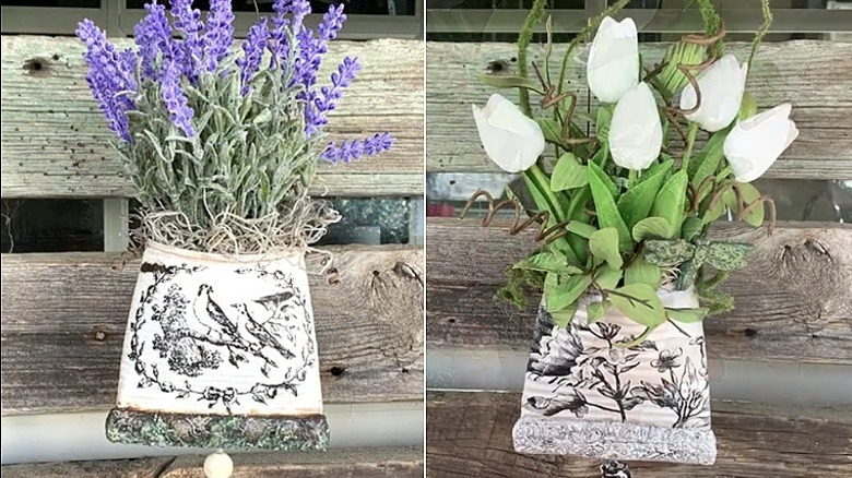 Split image featuring a tin can planter with faux lavender on the left and a different one with fake tulips on the right