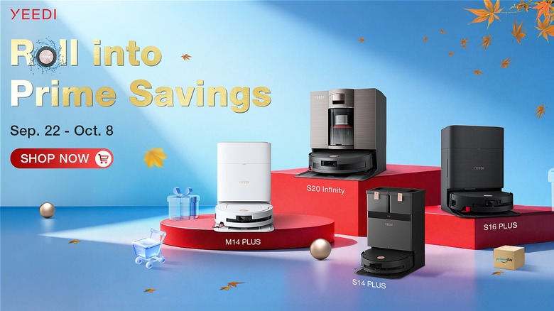 YEEDI robot vacuums on red stands with blue background for Prime Day sales